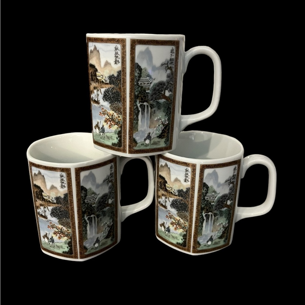 Seizan Fine China Japan - Set of 3 Japanese Landscape Scenery Hexagon Mugs